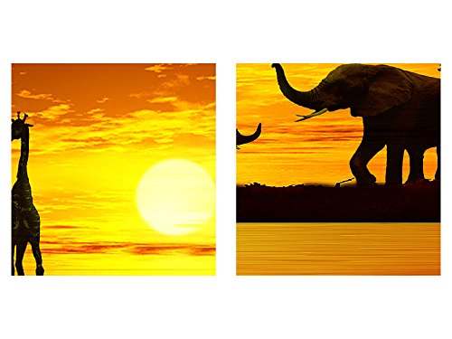 Runa Art Wandbild Afrika Sonnenuntergang 1 Teilig 100 x 40 cm Modern Bild auf Vlies Leinwand Giraffe Elefant Wohnzimmer Schlafzimmer Orange 000212a