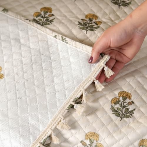 Image of HOMEMONDE 2 Seater Quilted Velvet Printed Sofa Cover with Tassels |Soft, Durable & Premium Fabric with Tassels | Sofa Cover Mats for Living Room, Bedroom & Office (76 X 122 CM, Meadow Bloom)