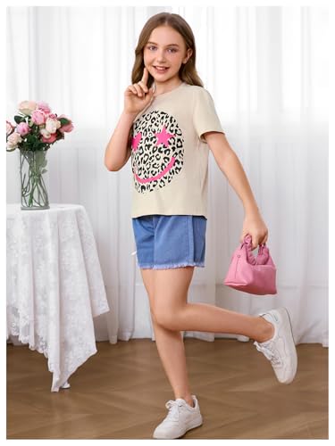 Image of WDIRARA Girl's Leopard Graphic T Shirt Crew Neck Short Sleeve Tee Shirts Cute Tops