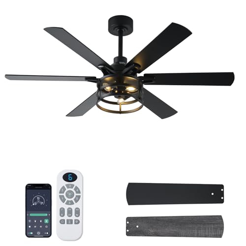 Image of NKPU 52 Inch Farmhouse Ceiling Fan with Light and Remote, Black Industrial Caged Rustic Ceiling Fan with 6 Speed Reversible Motor and Dual Finish 6 Blades, Rustic Ceiling Fan for Living