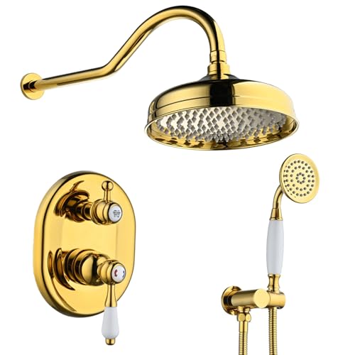 RONMX Columna de Ducha Empotrado, RSS0350 Oro Titanio Columna de Ducha, 8in/200mm Set De Ducha con Cabezal de Ducha de Acero Inoxidable 304, Ducha de Mano de Cerámica, Cuerpo de Latón