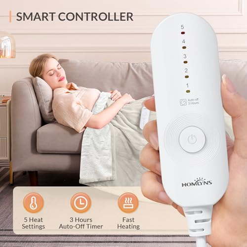 Image of HOMLYNS LuxeHeat Heated Blanket Electric Blanket, Soft Flannel Sherpa Heated Throw, Heating Blanket with 5 Heat Settings, 3 hrs Timer Auto Shut Off (50x60 inches, Cream), Only for 120V Voltage Use
