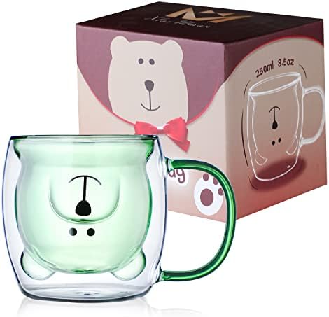 Double Wall Glass Bear Mugs 8.5oz,Insulated Green Cute Bear Cups with Handle,Glass Milk Coffee Mugs for Valentine's Day Birthday Gifts