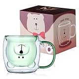Double Wall Glass Bear Mugs 8.5oz,Insulated Green Cute Bear Cups with Handle,Glass Milk Coffee Mugs