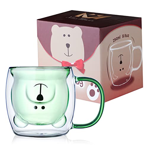 Double Wall Glass Bear Mugs 8.5Oz,Insulated Green Cute Bear Cups With Handle,Glass Milk Coffee Mugs For Valentine's Day Birthday Gifts #TOP14