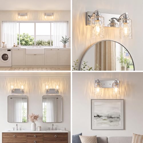 Image of 2-Light Bathroom Light Fixtures Modern Chrome Vanity Lights | Easy to Install Clear Hammered Glass Shades, Rippled Glow, Wall Mount Up or Down, E26 Socket, Hardwired, 120V