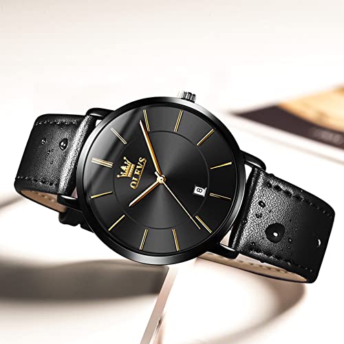OLEVS Mens Wrist Watches Ultra Thin 6.5mm Minimalist Business Dress Waterproof & Date & Leather Strap Slim Watches for Men