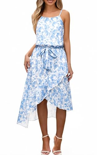 Image of ECOWISH Polka Dot Women Summer Dresses Casual Midi A Line Ruffle High Low Sleeveless Boho Floral Halterneck Cocktail Sundress