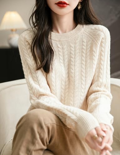 Women's Crew Neck 100% Merino Wool Sweater 2025 Fall Winter Vintage Cable Warm Long Sleeve Knit Pullover Tops2