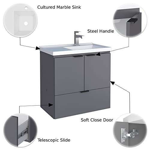 Cozimax Vanity Soul 24" Floating Bathroom Vanity And Cultured Marble Sink With Soft Close Door (Gray) #TOP4