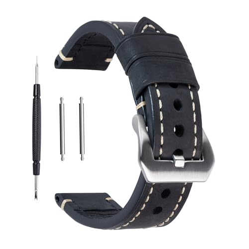 Bracelet de montre noir 24mm en cuir véritable vintage et boucle robuste en acier