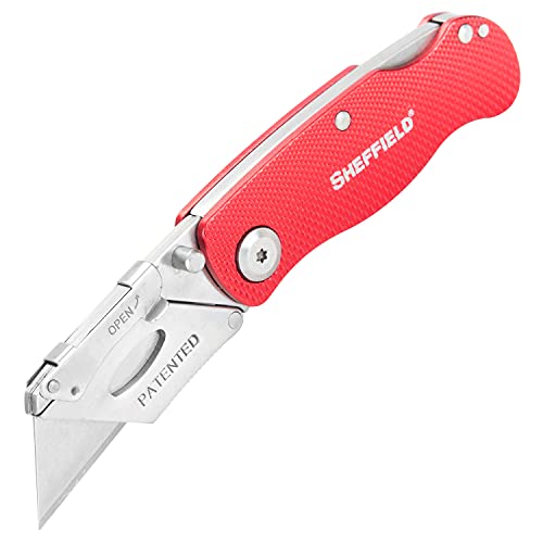 Image of Sheffield Folding Utility Knife, Accepts Standard Utility Knife Blades, Box Cutter Aluminum Handle, Razor Blades Included, For Home, Office, Trades, and Warehouse