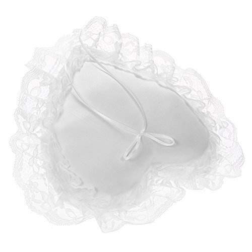 Baugger - 7 * 7 polegadas de renda branca de cetim coração casamento anel portador travesseiro cerim