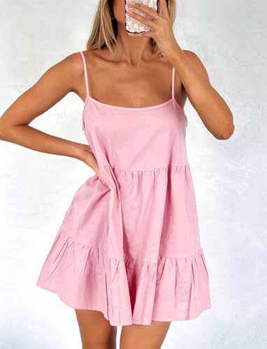 Image of OZICERD Flowy Short Sundress Mini Babydoll Dresses for Women Going Out Tiered Ruffle Beach Spaghetti Strap Swing Dress Cute