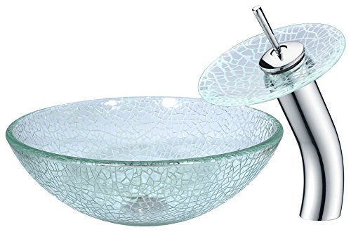 ANZZI Choir Tempered Glass Vessel Sink and Faucet Combo in Crystal Clear Mosaic | Round Bowl Sink with Matching Waterfall Faucet Set | Bathroom Sinks Above Counter and Vessel Sink Faucet | LS-AZ063