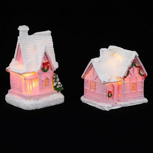 POPETPOP 2個ミニ樹脂製クリスマスビレッジハウス 冬の休日の村のコテージ飾り 卓上用ミニチュア住宅 軽量で耐色褪せ性あり