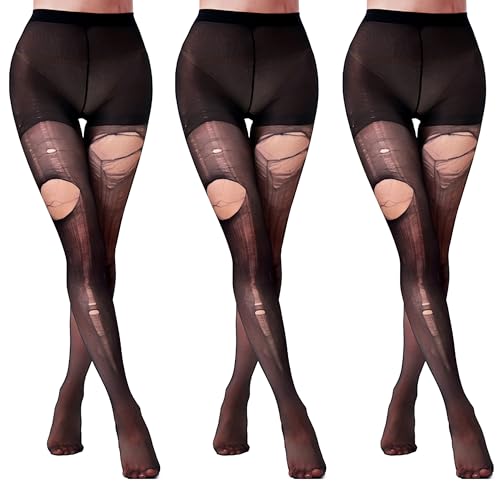 QINMIJIA Ripped Black Tights for Women - DIY Tear Fishnet Pantyhose Sexy Distressed Black Mesh Tights Gothic Punk Y2K Torn Stockings for Party Club Halloween Christmas Graduation Party 3 Pack