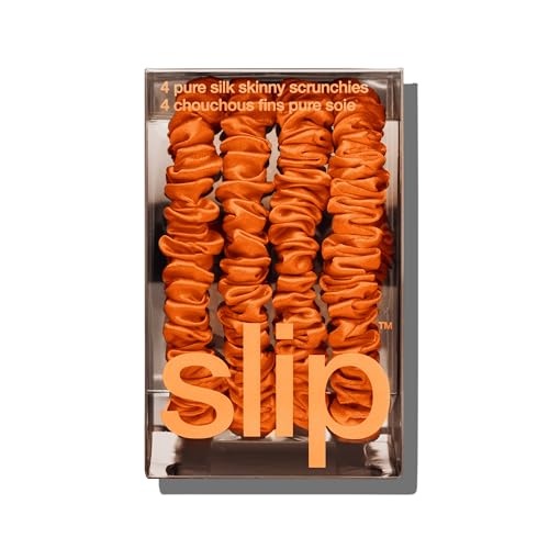 Image of Slip Silk Hair Ties - Skinny Silk Orange Scrunchies, No Damage, No Crease, Anti-Breakage |100% Mulberry Silk | All Hair Types | Made with Proprietary Slipsilk | Set of 4