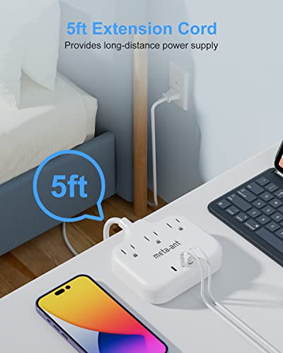 Adaptador meta-ant de 2 clavijas a 3 clavijas con 7 tomas y 4 USB (2 USB-C), extensión de 1.55 m, polarizado, color blanco miniatura 5