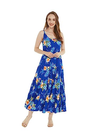 Hawaii Hangover Women's Hawaiian Maxi Tiered Dress in Hibiscus Blue