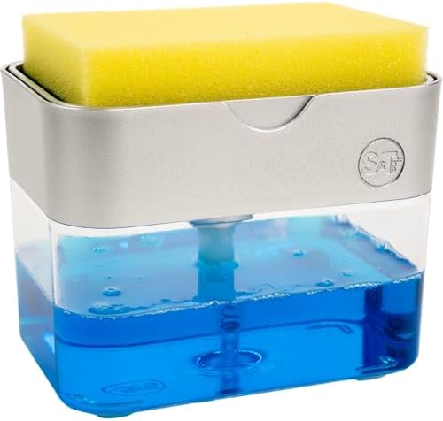 S&T INC. Dish Soap Dispenser and Sponge Holder for Kitchen Sink with Enhanced Features, Sponge Included, 13 Ounces, Silver