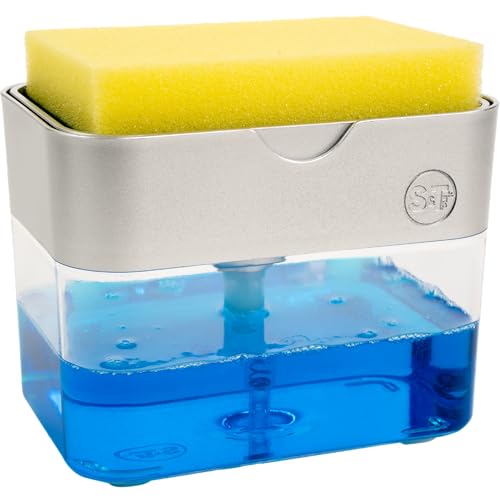 S&T INC. Dish Soap Dispenser and Sponge Holder for Kitchen Sink with Enhanced Features, Sponge Included, 13 Ounces, Silver