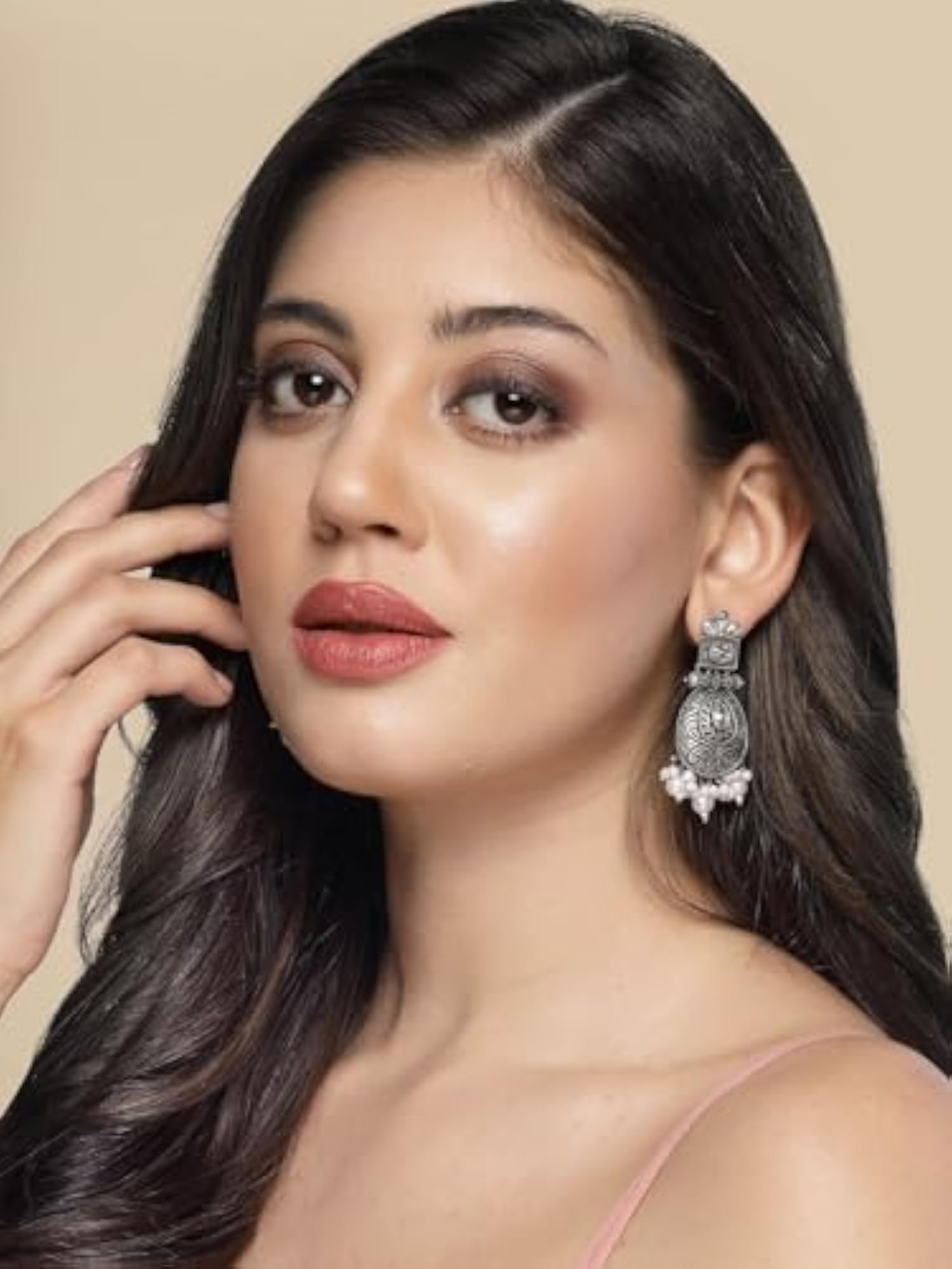 Silver-Plated Kundan Stone & Pearl Oxidised Drop Earrings