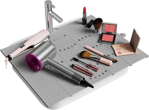 Johamoo Bathroom Sink Cover for Counter Space Foldable Silicone Makeup Mat for Hair Styling and Hot Tools Steel Frame Core Sink Organizer for RV Camper and Small Vanity DIY Cut to Fit Grey