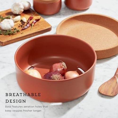 Image of Kamenstein Ceramic and Cork Large Breathable Produce Bowl with Lid, Nautral Cork and Terra Cotta Ceramic, 11 x 11 x 6 Inch