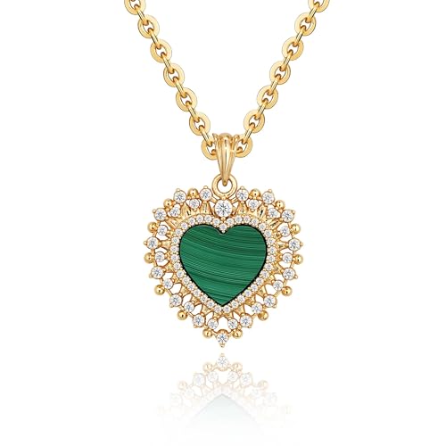 Fettero Necklaces for Women Trendy 14K Gold Plated Charm Necklace Green Malachite Heart Coin Butterfly Cross Clover Pendant Dainty Gold Necklace for Women Jewelry