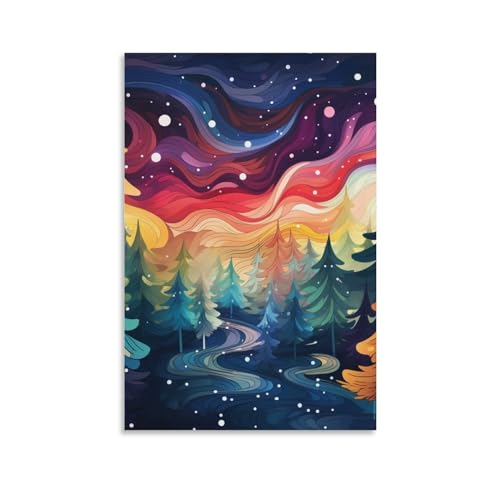 Sapin de Noël coloré peinture sur toile déco salon chaleureuse 50x75 cm