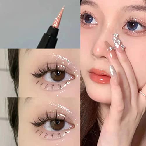 Liquid Glitter Eyeliner Lying Silkworm Pen, Diamond Glitter Eyeshadow Liner Pencil, Body Face Glitter Highlighter Long Lasting Waterproof Quick-Dry Matte Pink Silkworm Champagne Gold Eyeliner Pen #TOP4