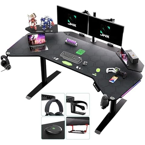 JWX Dual Motor Standing Gaming Desk with Aluminum Alloy Led Lights, 72'' Wing Shaped Large Gaming Studio Music Desk with Slot Design Shelves, for Streamer, Social Media Influencer & Music Recording Cover