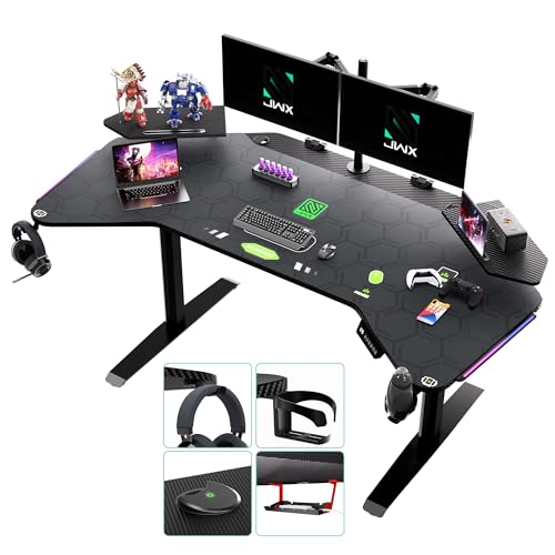 JWX Standing Gaming Desk with Aluminum Alloy Led Lights, 72” Wing Shaped Large Gaming Studio Music Desk with Slot Design Shelves, for Live Streamer, Social Media Influencer & Music Recording