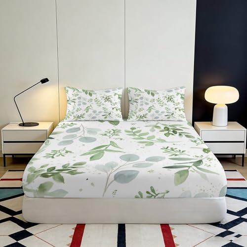 Drap-Housse Microfibre Douce 90x200 Imprimé 3D Feuille Vert Nature
