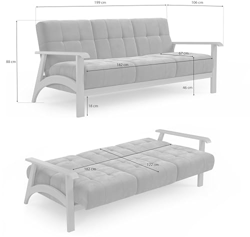 Cavadore 3er-Sofa Billan / 3-Sitzer Schlafsofa im skandinavischen Design mit Bett und massivem Holzgestell in Buche / 199 x 88 x 106 / Mikrofaser, Grau – Bild 4