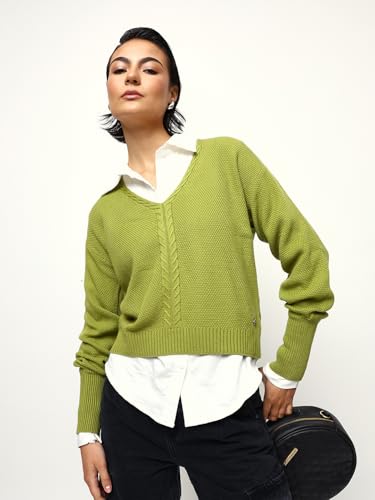 Image of High Star Women Knitted Acrylic Relaxed Fit V Neck Long Sleeve Sweaters