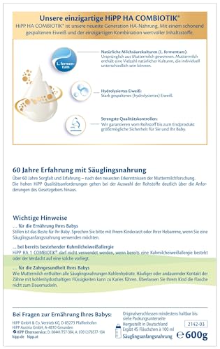 HiPP HA 1 Combiotik (4 x 600g), Anfangsmilch für sensible Immunsysteme (hydrolysiert) - von Geburt an, mit natürlichen Milchsäurekulturen