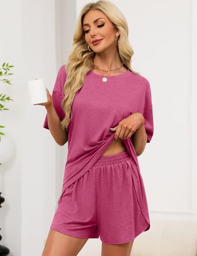 Image of JUSTFASHIONNOW Womens Pajama Sets Shorts Striped Print Two Piece Lounge Sets Crew Neck Sleepwear Split Shorts Set Soft Pjs