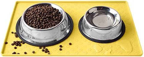 Coomazy Cat & Dog Feeding Mat, Sillicone Waterproof Pet Bowl Placement Tray Dish wash Safe to Stop Food Spills and Water Messes Out to Floor (M: 18.9x11.8in, Yellow)