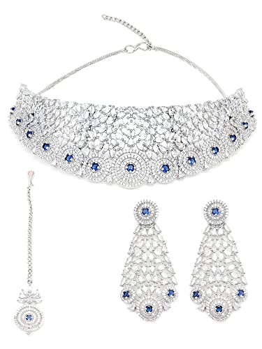 Image of Karatcart American Diamond Studed Blue Choker Necklace Set