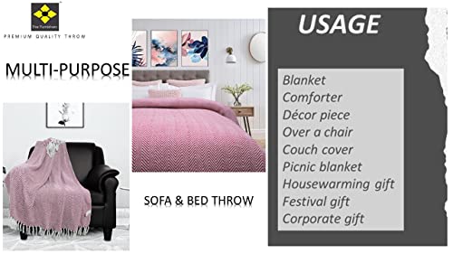 Image of Chevron 60X50 Inch Reversible Cotton Throw Blanket With Tassels| Blanket For Living Room, Sofa, Bed, Chair, Picnic & Used For Gift | Pink Wide Chevron, Size 150X125 Cm, 300 tc