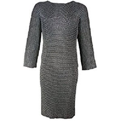 Medieval Riveted Long Sleeved Chainmail Hauberk Armour Blackened Silver Large