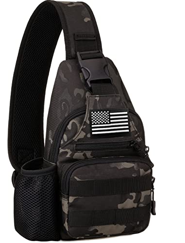 Minghuichic Tactical Sling Bag Military Molle Crossbody Pack Motorcycle Chest Shoulder Backpack (1 Patch Included), Blackcamo #TOP22