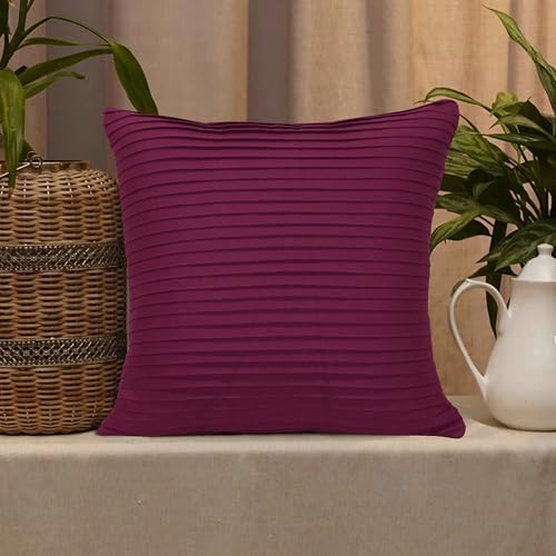 Image of HOME COLORS.IN Cotton Plain Double Side Pleated Cushion Cover - Set of 2-18 x 18 Inch - Purple