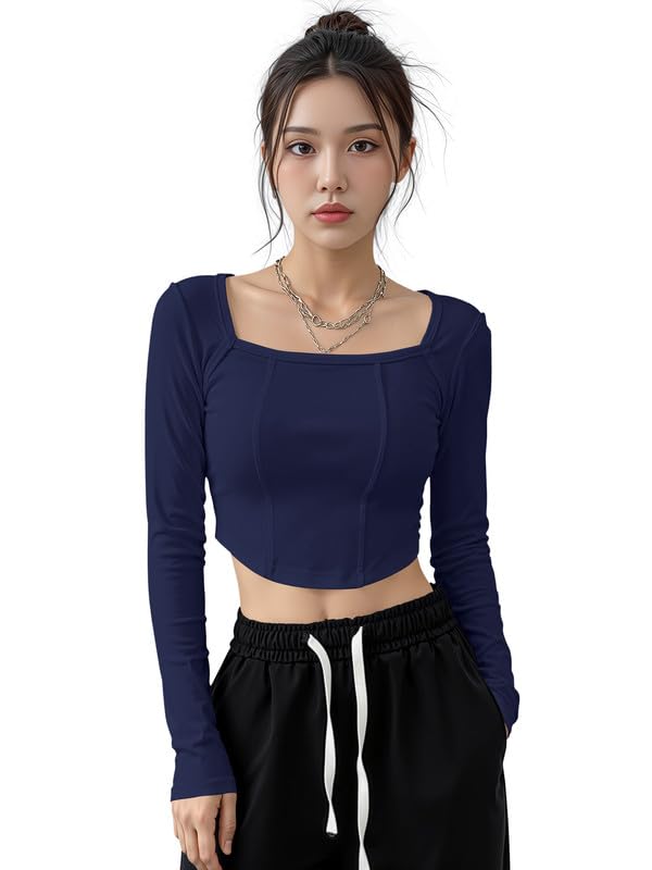 Dream Beauty Fashion Women’s Long Sleeve Slim Fit Crop Top/T-Shirt Square Neck Casual (Top-Avatar-1)