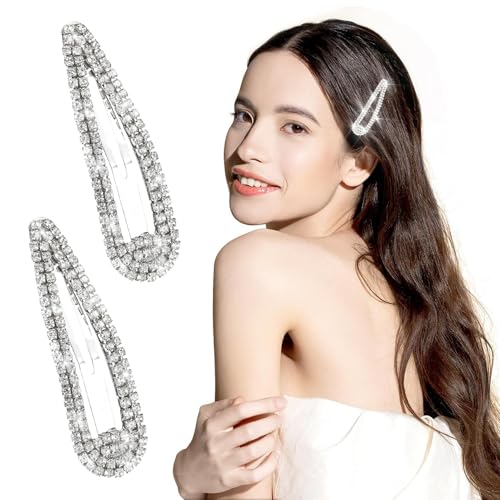 2 Pieces Rhinestone Hair Clips,Sparkly Hair Clips,Silver Snap Hair Clip Hairs clips,Large Diamante Snaps Hair clips,with Rhinestone Shining Snap hair Clip,for Wedding,Party,Daily Wear.