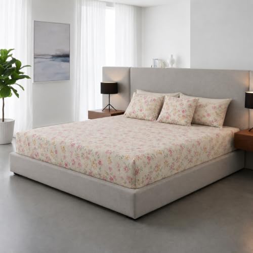 Image of 400TC Cotton Feel Glace Cotton Double Bed Fitted Bedsheet Set || Includes 1 Elastic Bedsheet King Size Cotton & 2 Pillow Covers (78 x 72 Inches, Rosabelle)