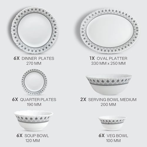 Image of CELLO Damask Imperial Plus Series Opalware Dinner Set of 27 Pieces For Family of 6 | Bone-Ash Free & Leadfree Opal Glass Microwave & Dishwasher Safe Crockery Plates & Bowls Set For Daily Use & Gifting