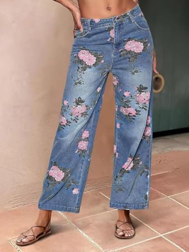 yoeasy Women's Wide Leg Jeans High Rise Straight Leg Boho Floral Printed Stretchy Baggy Boyfriend Casual Denim Pants3